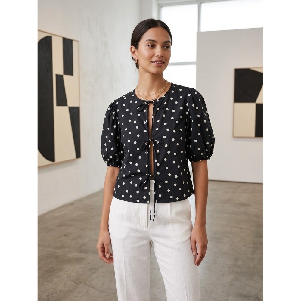 Abercrombie & Fitch Polka Dot Tie-Front Puff Sleeve Cotton Blouse Black Large